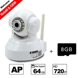 8GB TF Card and H.264 WIFI Camera IP HD 720P 1.0M Pixels PTZ IR Night Vision Wired or Wireless Camera WIFI